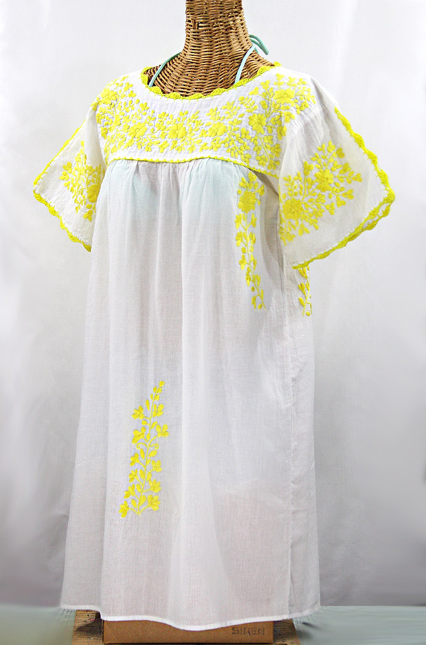 "La Primavera" Embroidered Mexican Dress - White + Yellow