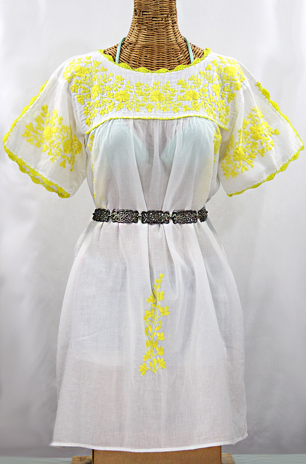 "La Primavera" Embroidered Mexican Dress - White + Yellow