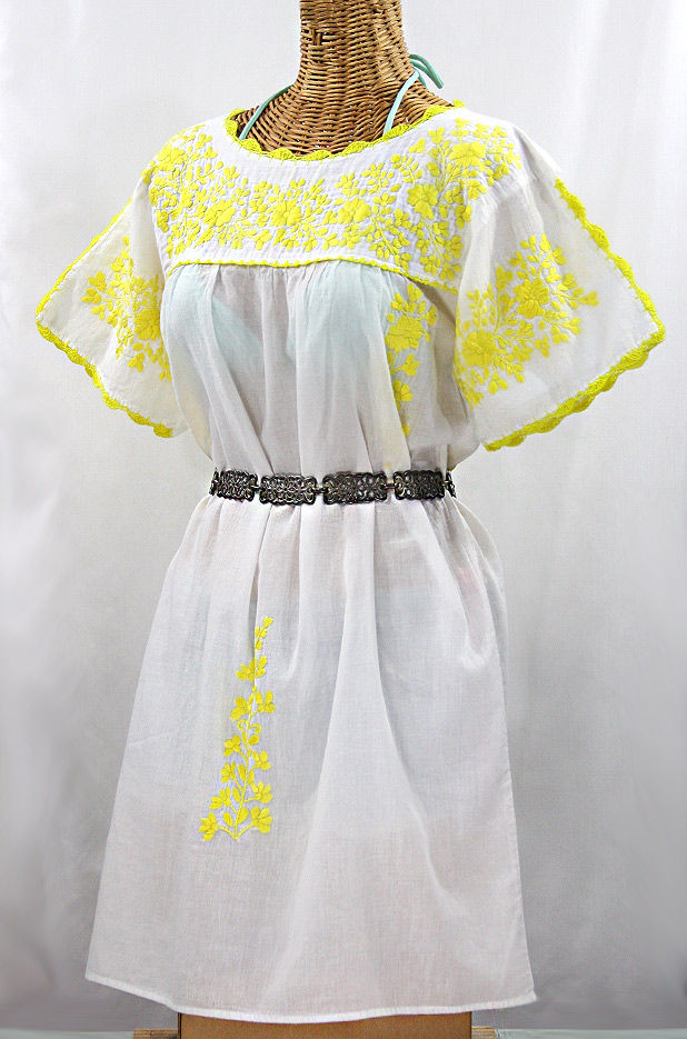 "La Primavera" Embroidered Mexican Dress - White + Yellow