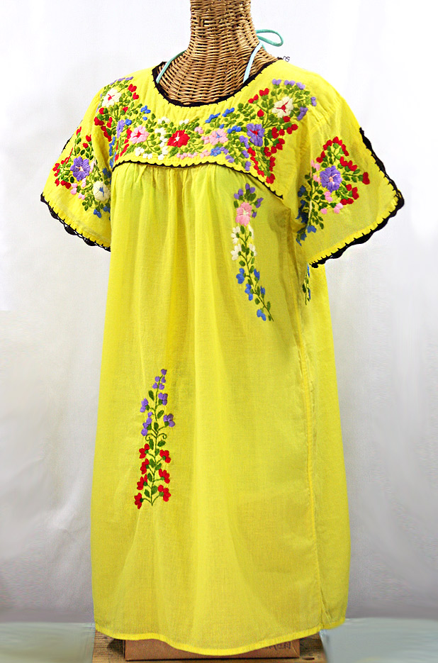 "La Primavera" Embroidered Mexican Dress - Yellow + Multi