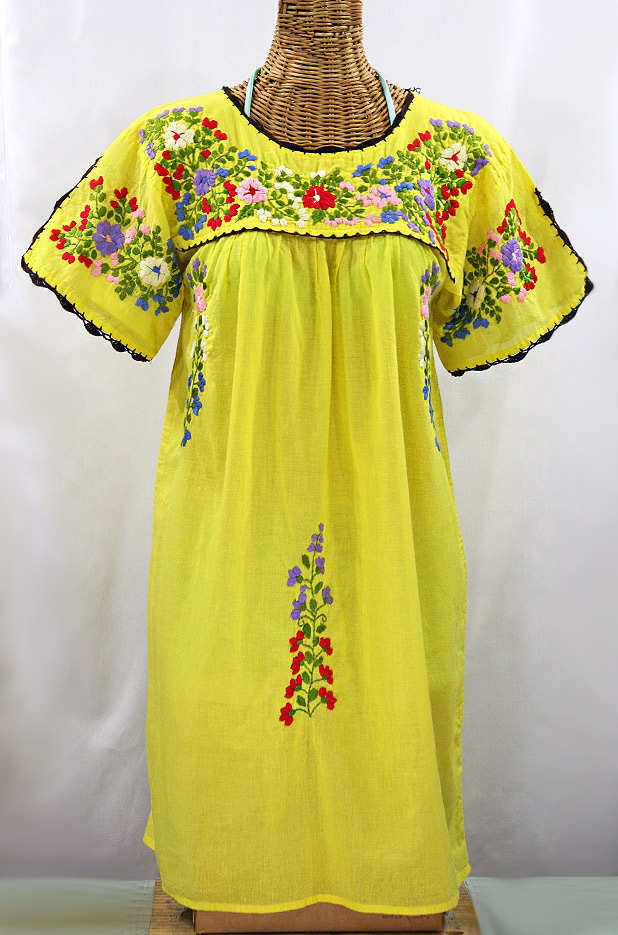 "La Primavera" Embroidered Mexican Dress - Yellow + Multi