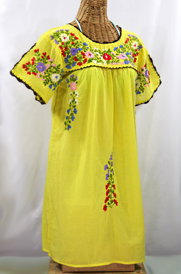"La Primavera" Embroidered Mexican Dress - Yellow + Multi