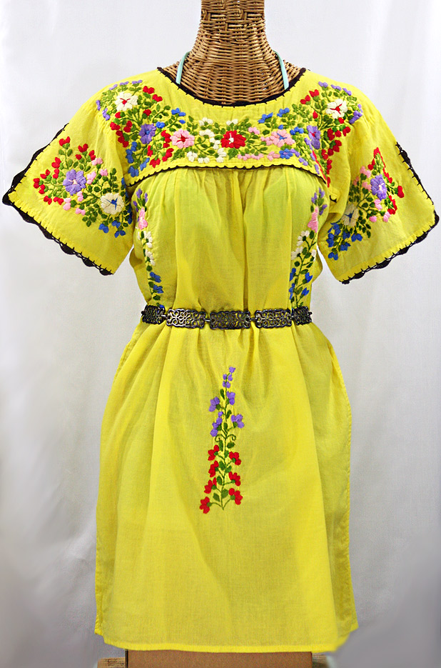 "La Primavera" Embroidered Mexican Dress - Yellow + Multi