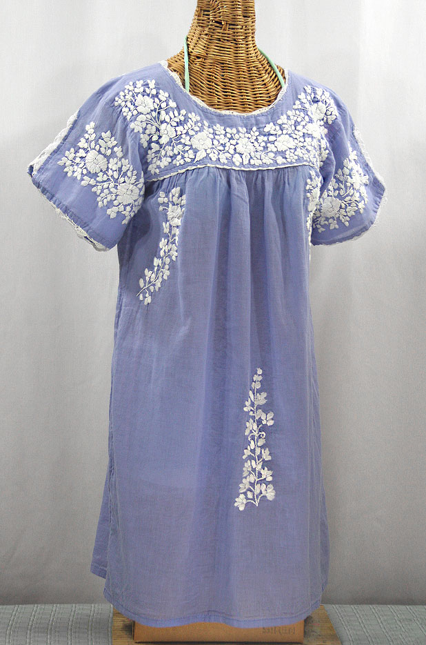 "La Primavera" Embroidered Mexican Dress - Periwinkle + White