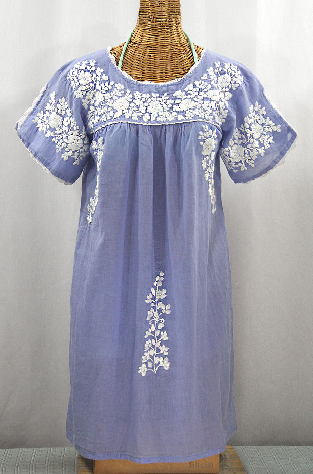"La Primavera" Embroidered Mexican Dress - Periwinkle + White