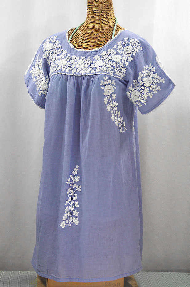"La Primavera" Embroidered Mexican Dress - Periwinkle + White