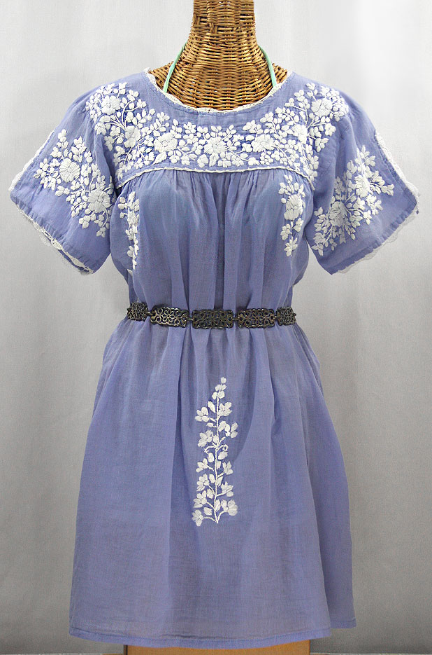 "La Primavera" Embroidered Mexican Dress - Periwinkle + White