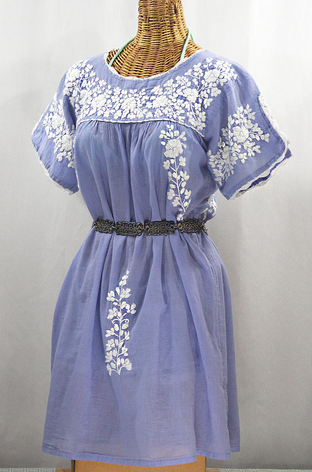 "La Primavera" Embroidered Mexican Dress - Periwinkle + White