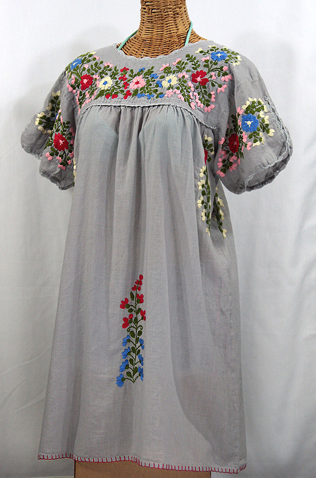 "La Primavera" Embroidered Mexican Dress - Grey