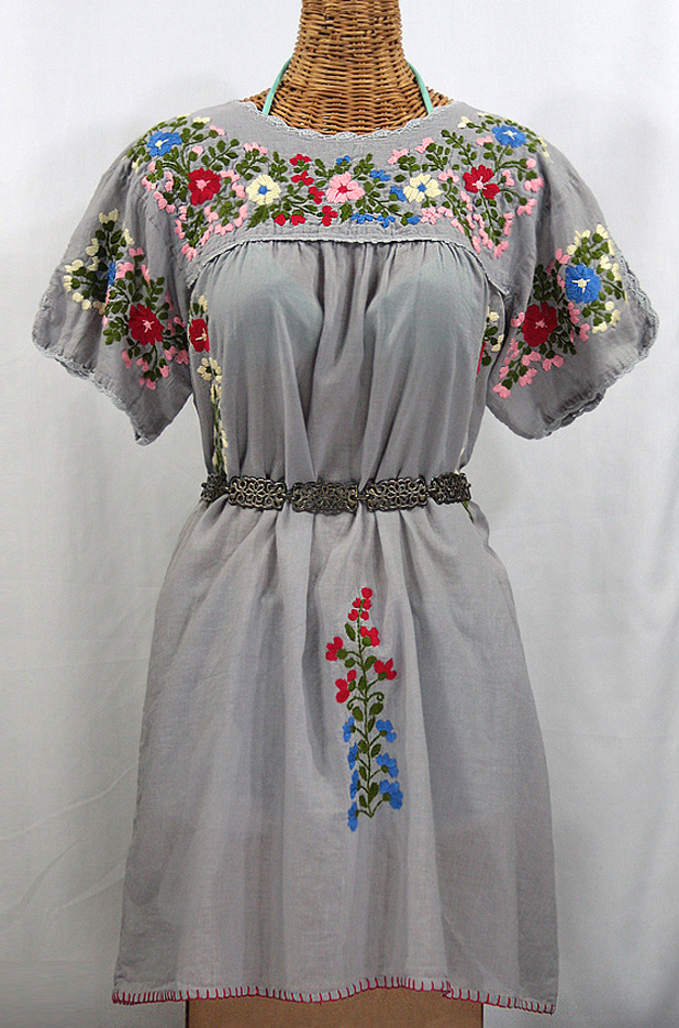 "La Primavera" Embroidered Mexican Dress - Grey