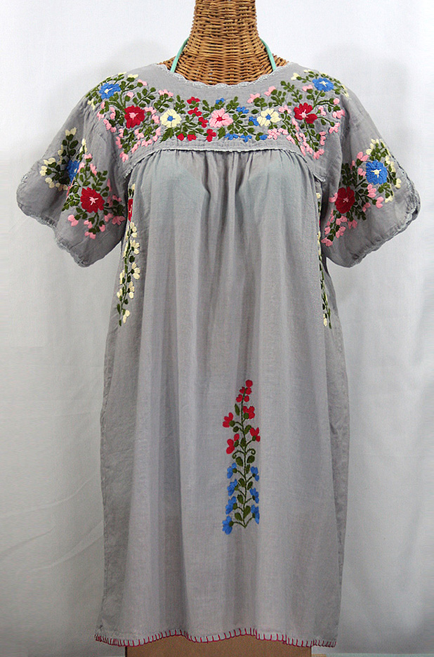 "La Primavera" Embroidered Mexican Dress - Grey