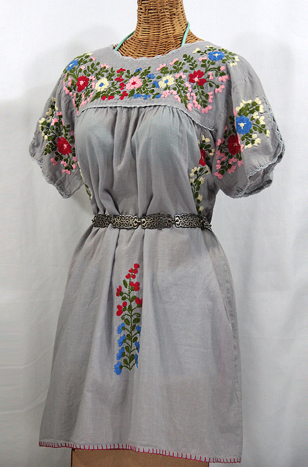 "La Primavera" Embroidered Mexican Dress - Grey