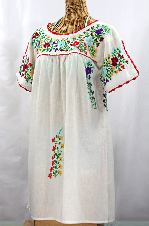 "La Primavera" Embroidered Mexican Dress - Off White + Jewel Tone