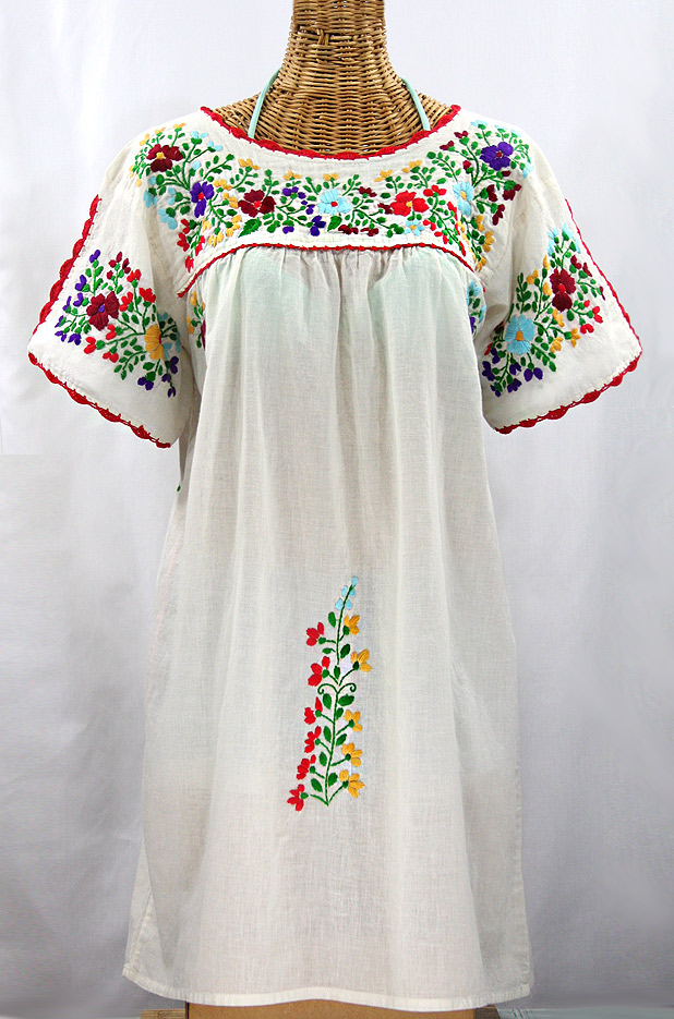 "La Primavera" Embroidered Mexican Dress - Off White + Jewel Tone