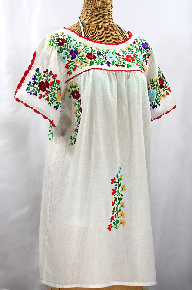 "La Primavera" Embroidered Mexican Dress - Off White + Jewel Tone