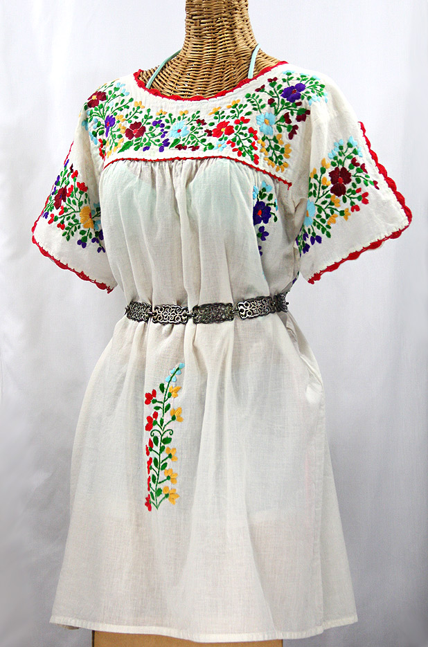 "La Primavera" Embroidered Mexican Dress - Off White + Jewel Tone