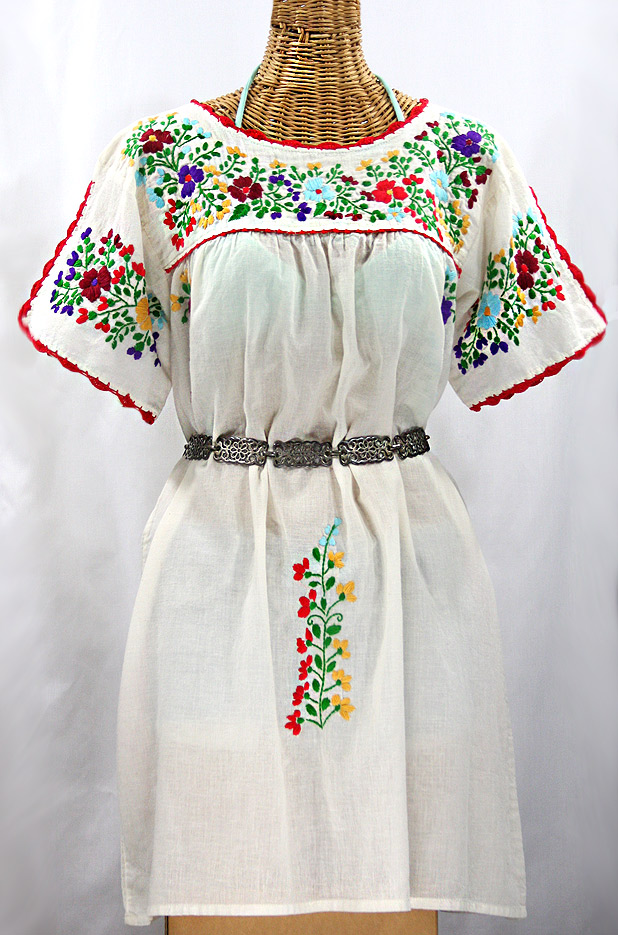 "La Primavera" Embroidered Mexican Dress - Off White + Jewel Tone