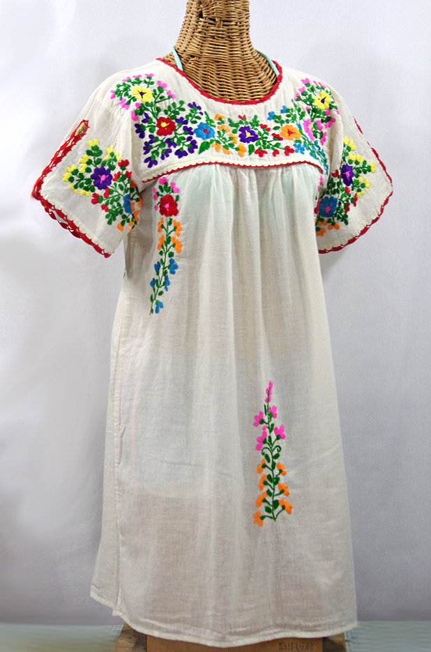 "La Primavera" Embroidered Mexican Dress - Off White + Rainbow