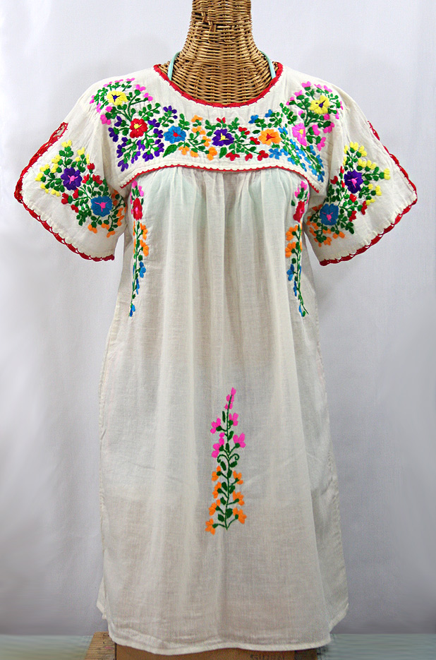 "La Primavera" Embroidered Mexican Dress - Off White + Rainbow