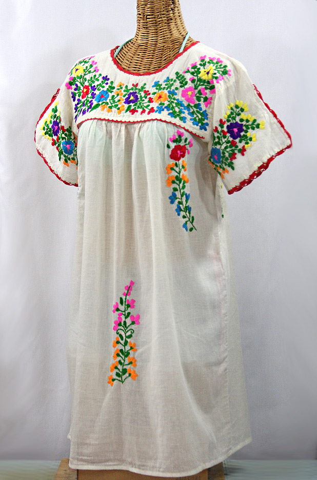 "La Primavera" Embroidered Mexican Dress - Off White + Rainbow