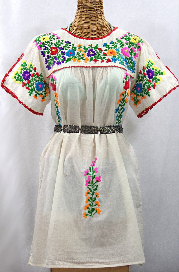 "La Primavera" Embroidered Mexican Dress - Off White + Rainbow