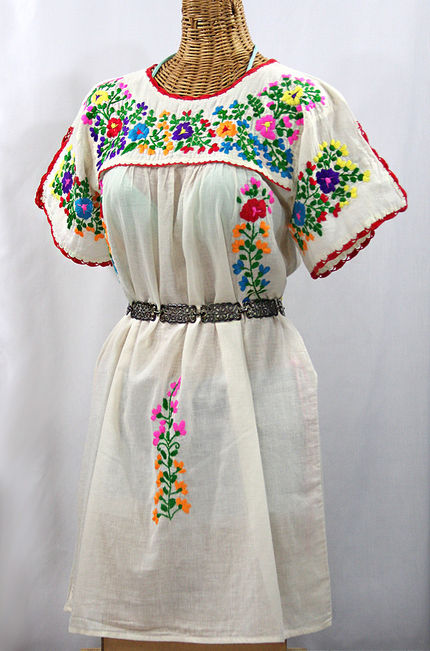 "La Primavera" Embroidered Mexican Dress - Off White + Rainbow