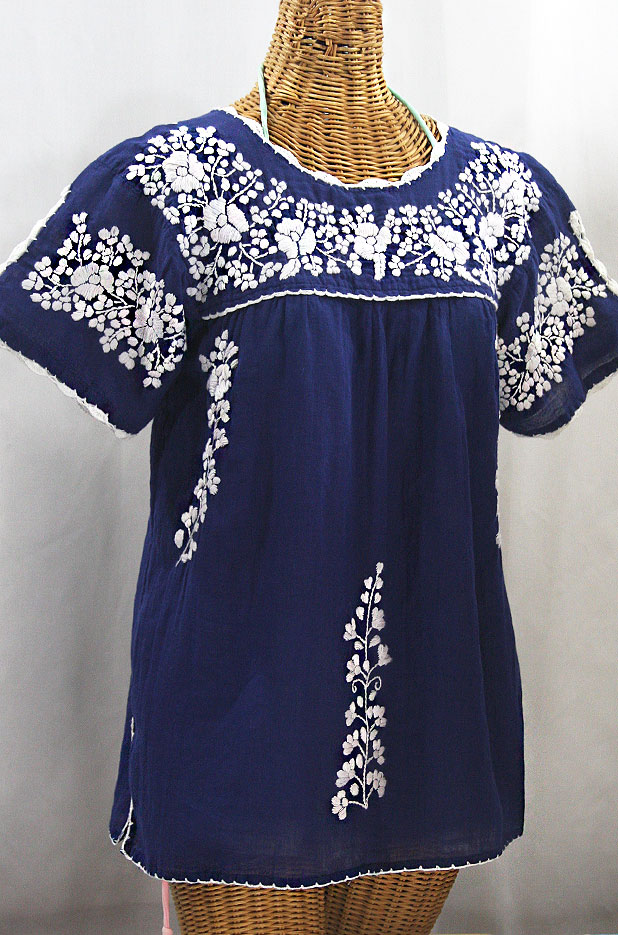 "La Primavera" Hand Embroidered Mexican Blouse - Denim Blue + White