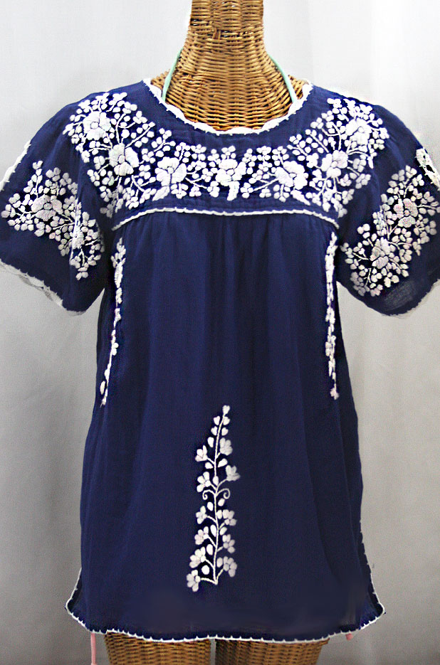 "La Primavera" Hand Embroidered Mexican Blouse - Denim Blue + White