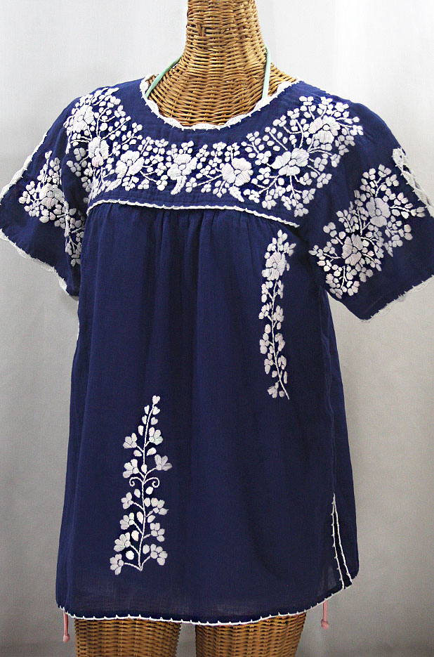 "La Primavera" Hand Embroidered Mexican Blouse - Denim Blue + White