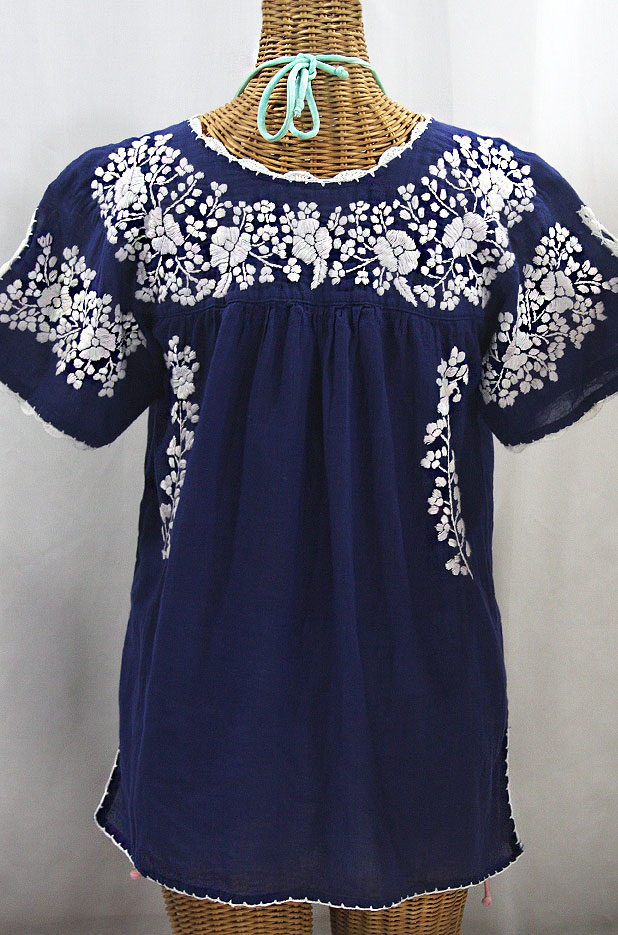 "La Primavera" Hand Embroidered Mexican Blouse - Denim Blue + White