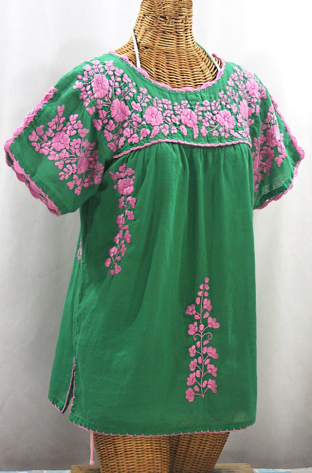 "La Primavera" Hand Embroidered Mexican Blouse - Green + Pink