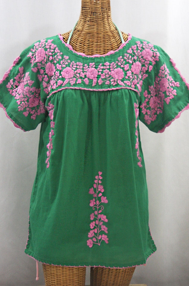 "La Primavera" Hand Embroidered Mexican Blouse - Green + Pink