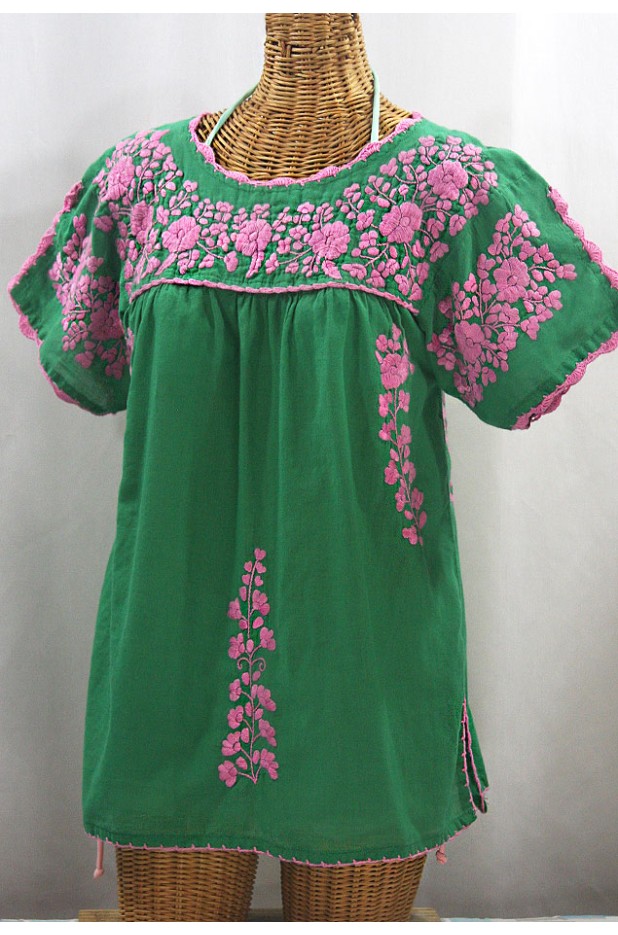 FINAL SALE -- "La Primavera" Hand Embroidered Mexican Blouse - Green + Pink