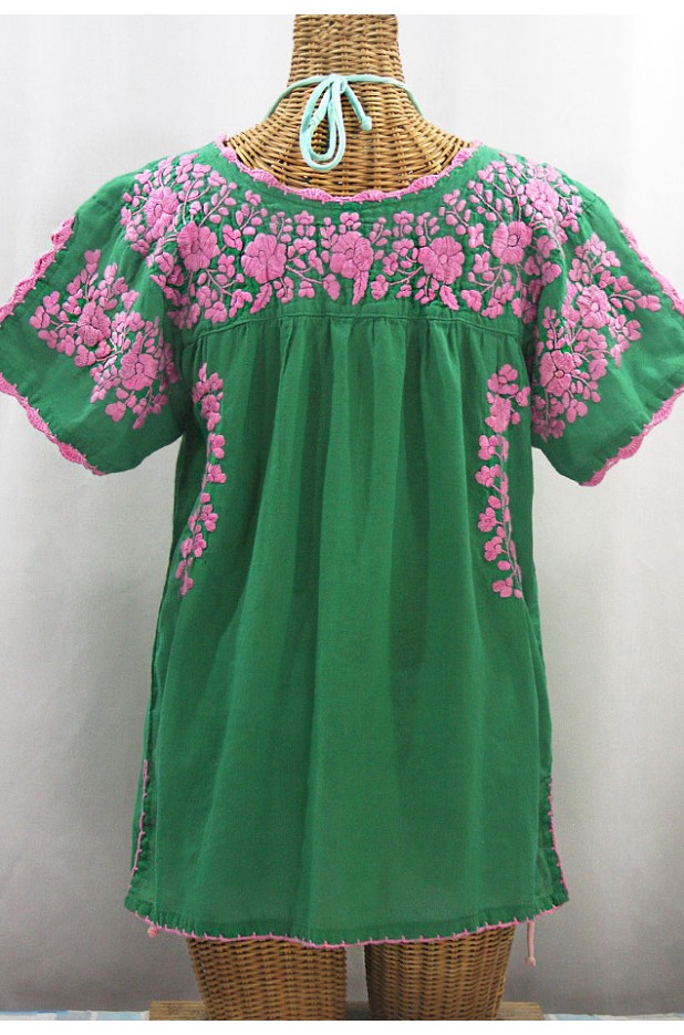 "La Primavera" Hand Embroidered Mexican Blouse - Green + Pink