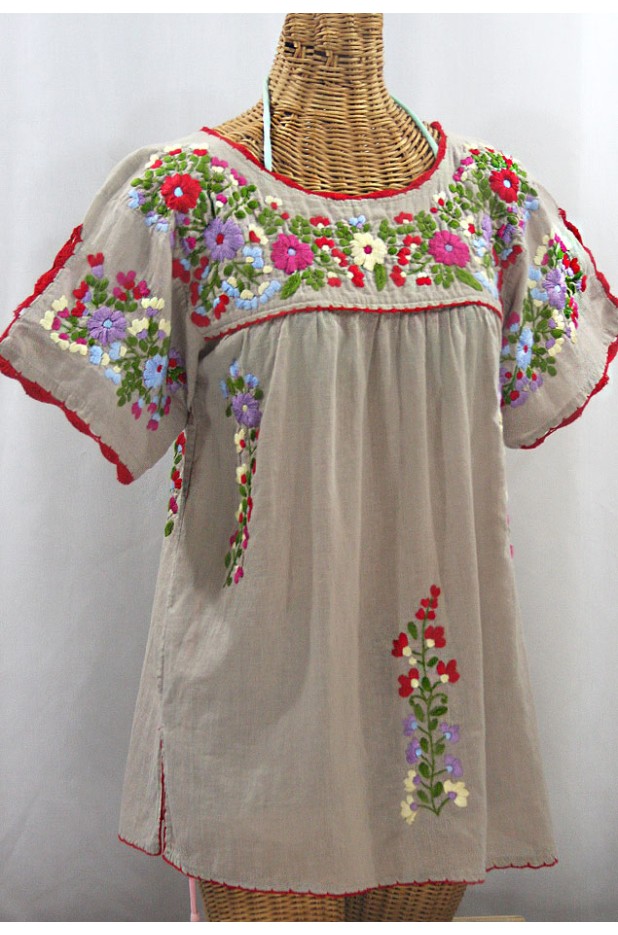 FINAL SALE -- "La Primavera" Hand Embroidered Mexican Blouse - Greige + Multi