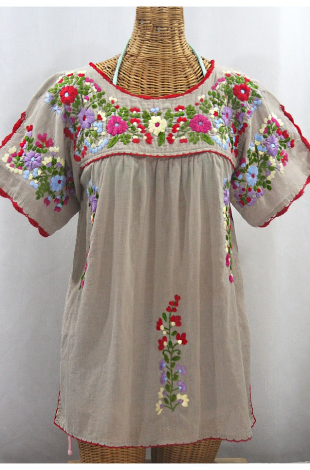 "La Primavera" Hand Embroidered Mexican Blouse - Greige + Multi