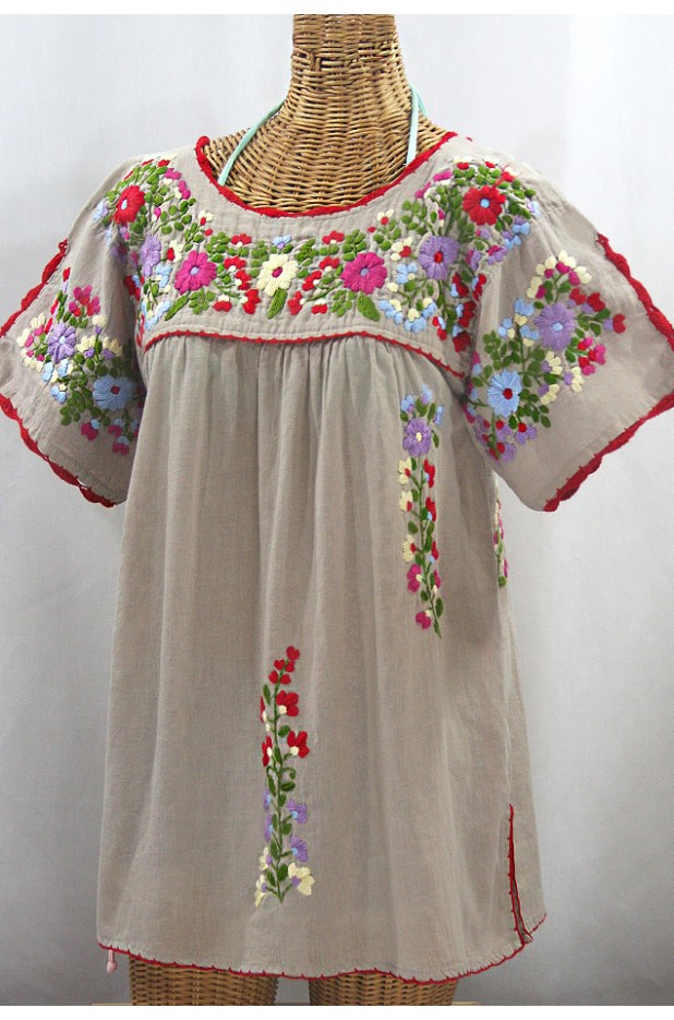 "La Primavera" Hand Embroidered Mexican Blouse - Greige + Multi