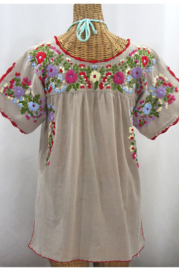 FINAL SALE -- "La Primavera" Hand Embroidered Mexican Blouse - Greige + Multi