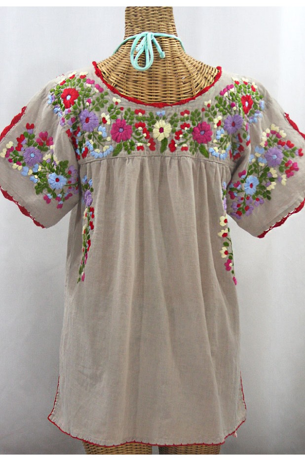 "La Primavera" Hand Embroidered Mexican Blouse - Greige + Multi