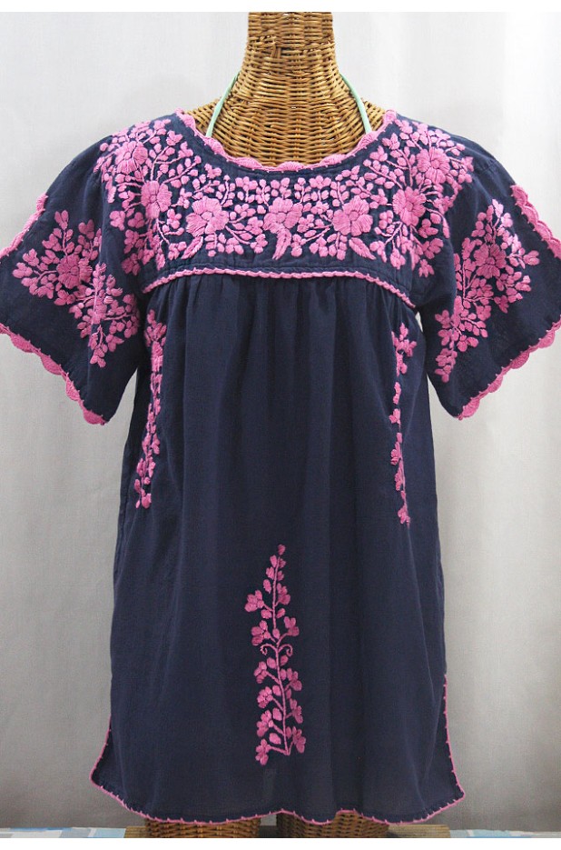 "La Primavera" Hand Embroidered Mexican Blouse - Navy + Pink