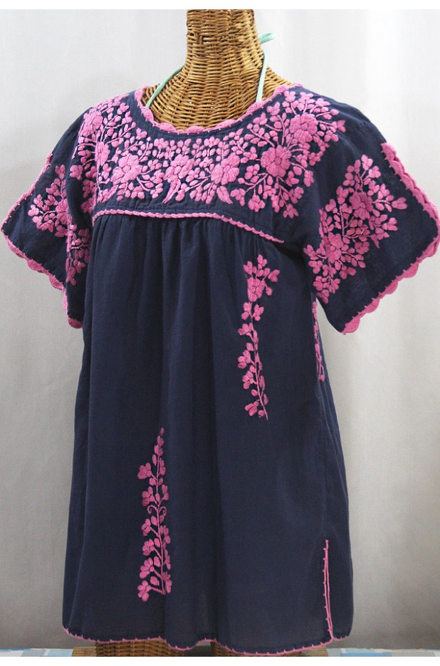 "La Primavera" Hand Embroidered Mexican Blouse - Navy + Pink