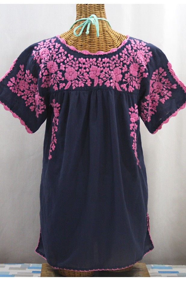 "La Primavera" Hand Embroidered Mexican Blouse - Navy + Pink