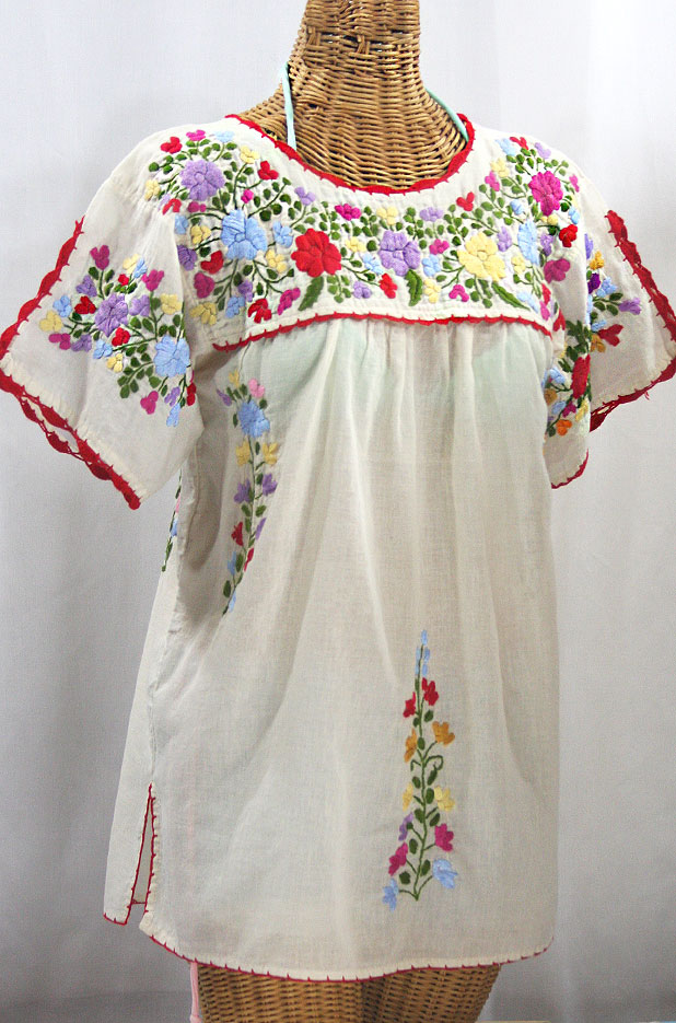 "La Primavera" Hand Embroidered Mexican Blouse - Off White + Multi