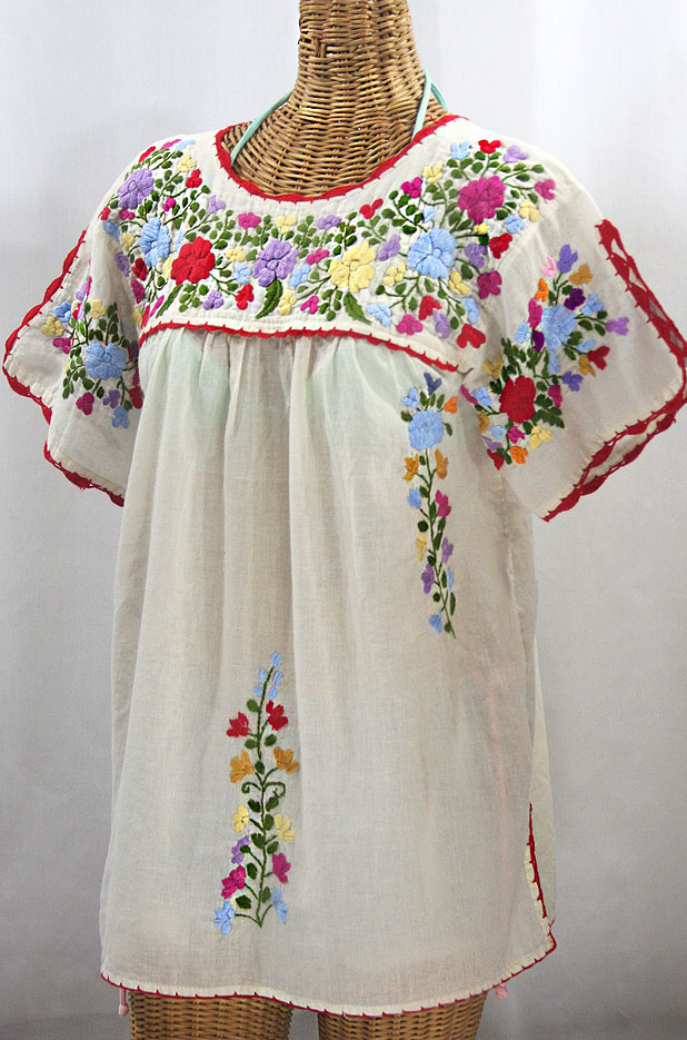 "La Primavera" Hand Embroidered Mexican Blouse - Off White + Multi