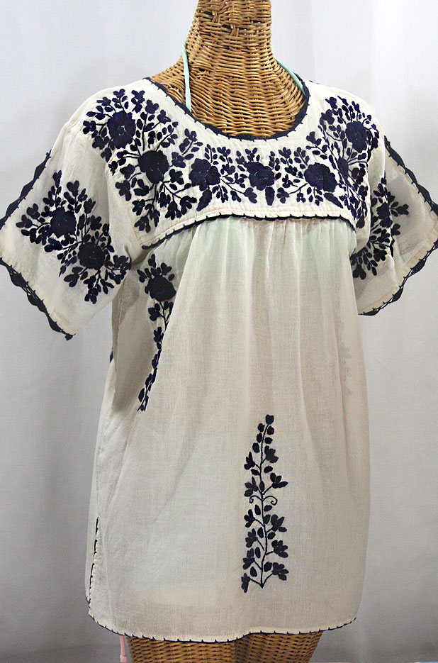 "La Primavera" Hand Embroidered Mexican Blouse - Off White + Navy