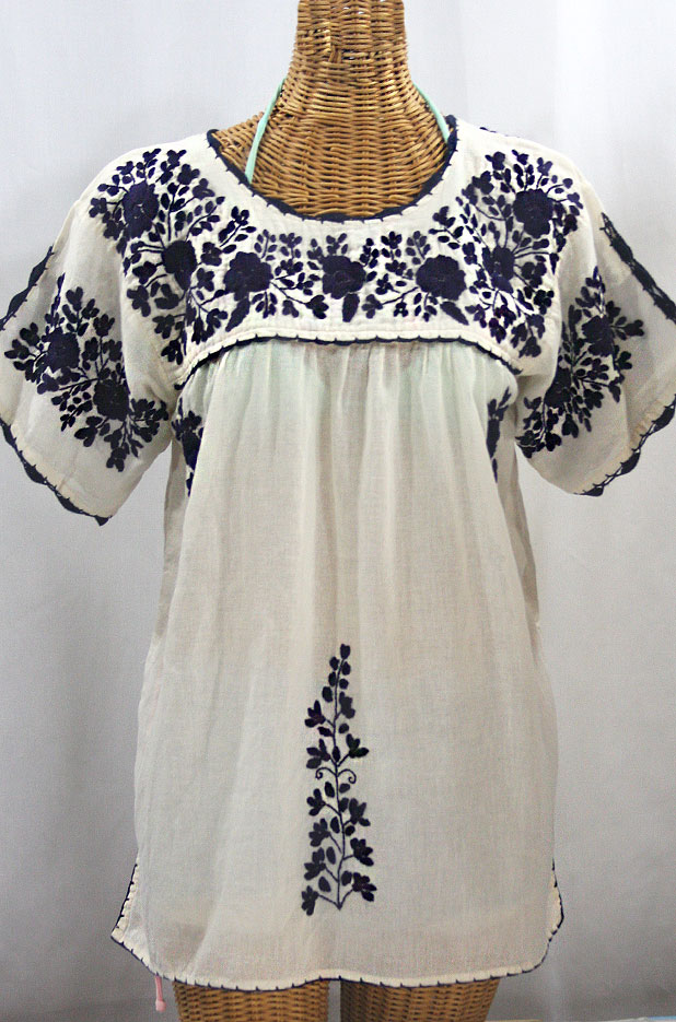 "La Primavera" Hand Embroidered Mexican Blouse - Off White + Navy