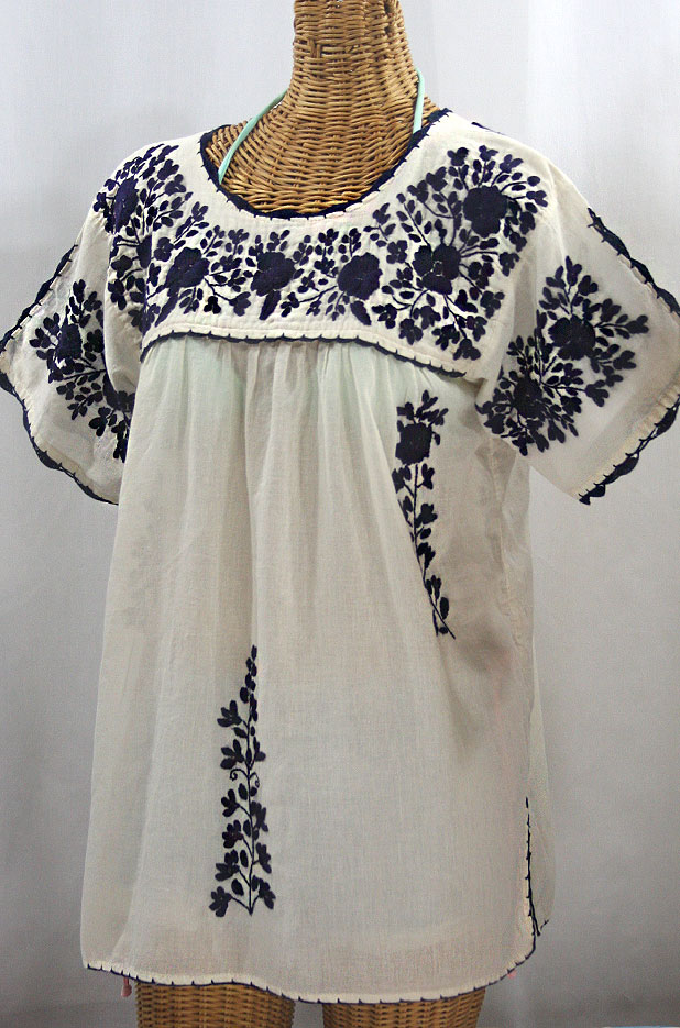 "La Primavera" Hand Embroidered Mexican Blouse - Off White + Navy