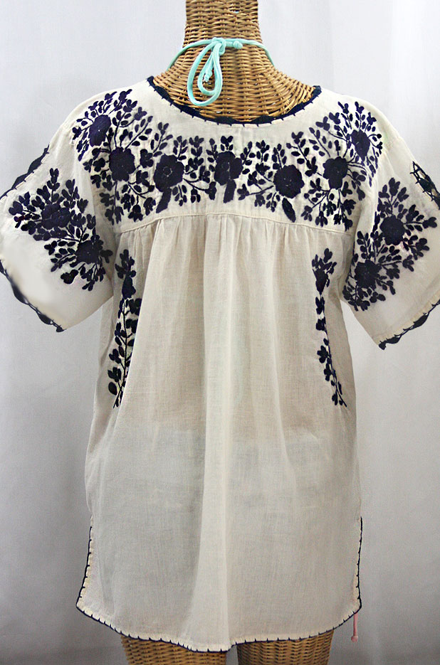 "La Primavera" Hand Embroidered Mexican Blouse - Off White + Navy