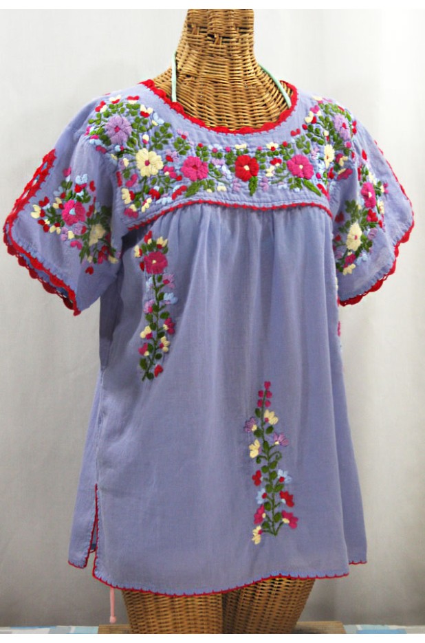 "La Primavera" Hand Embroidered Mexican Blouse - Periwinkle + Multi