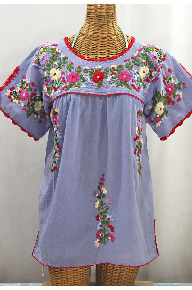 "La Primavera" Hand Embroidered Mexican Blouse - Periwinkle + Multi